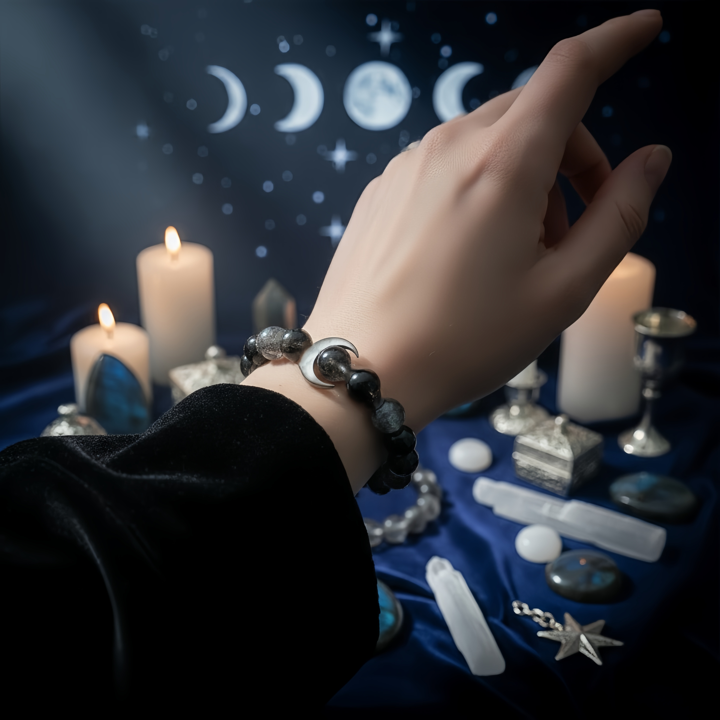 Black Rutilated Quartz & Silver Obsidian Moon Bracelet: Shadow Work & Protection