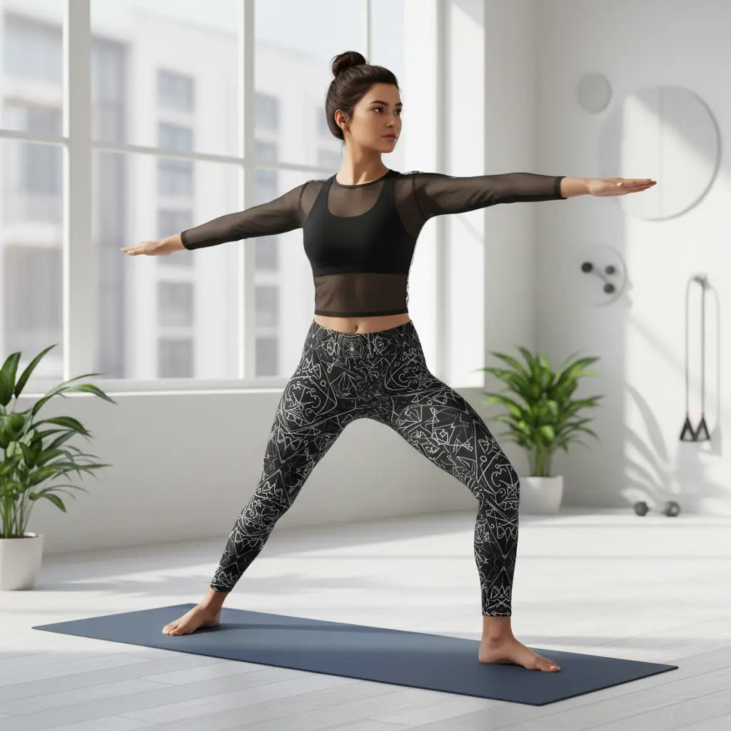 Black Sacred Geometry Leggings Front View Lifestyle Scene