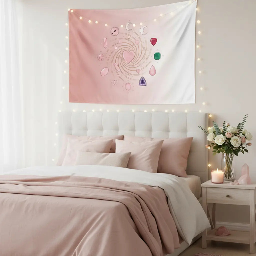 Blush Pink Galaxy Crystal Tapestry Bedroom Lifestyle Scene