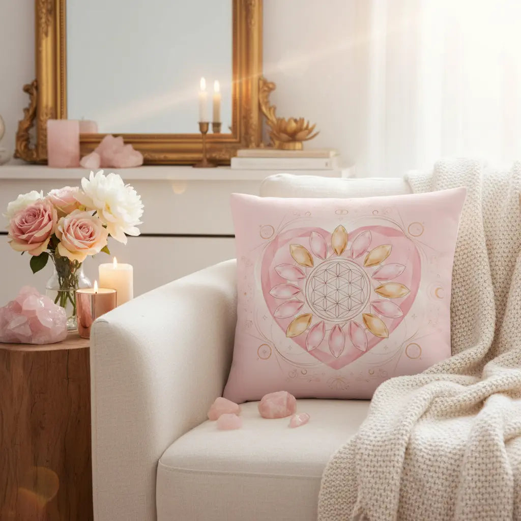 Blush Pink Rose Gold Heart Flower of Life Pillow Lifestyle Scene