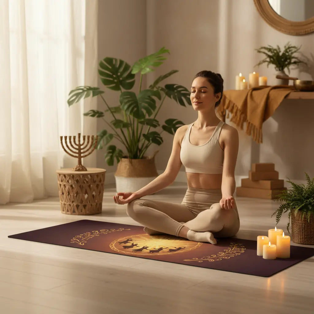 Brown Gold Chashuvot Dancing Figures Yoga Mat Lifestyle Scene