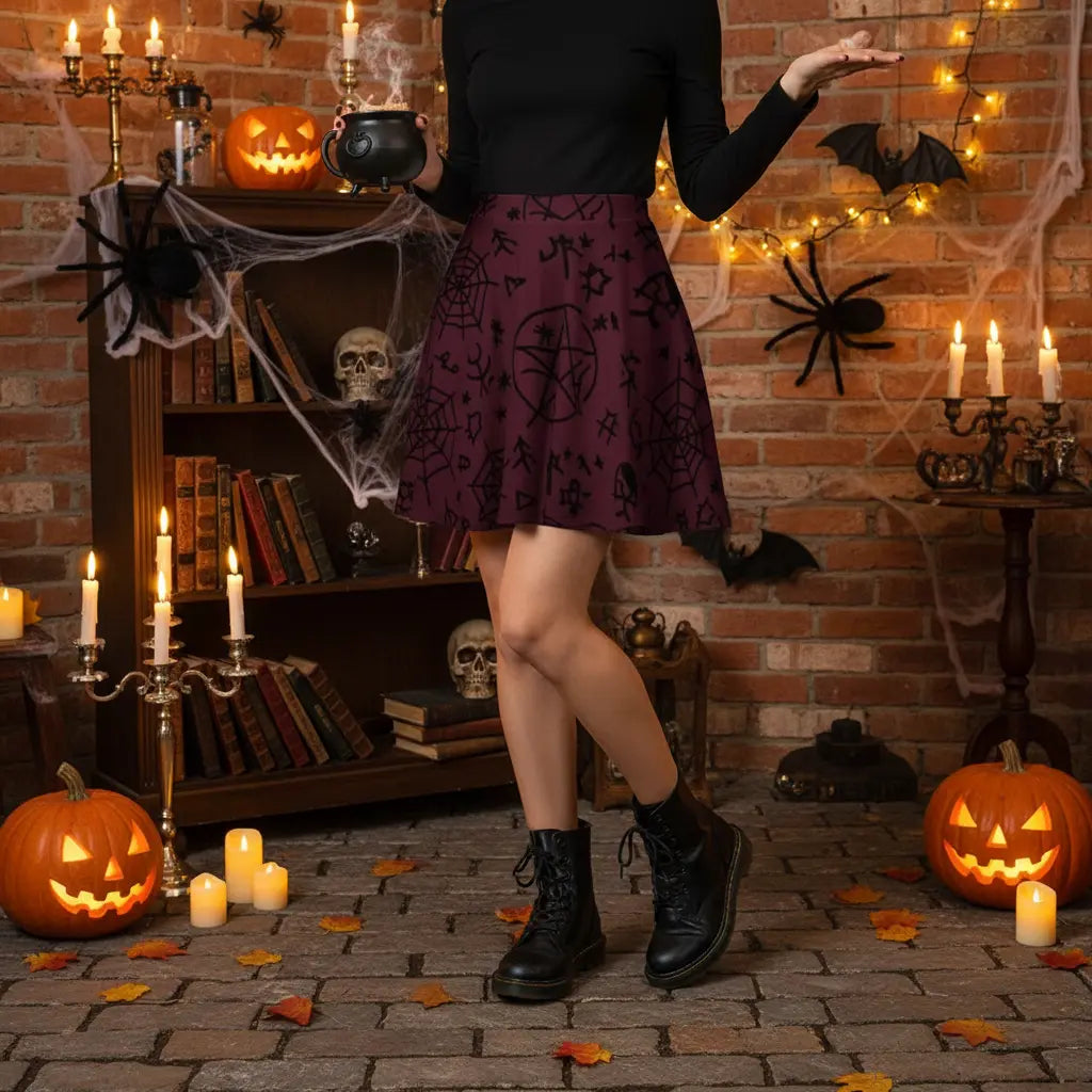 Burgundy Halloween Spider Web Skater Skirt Lifestyle Scene