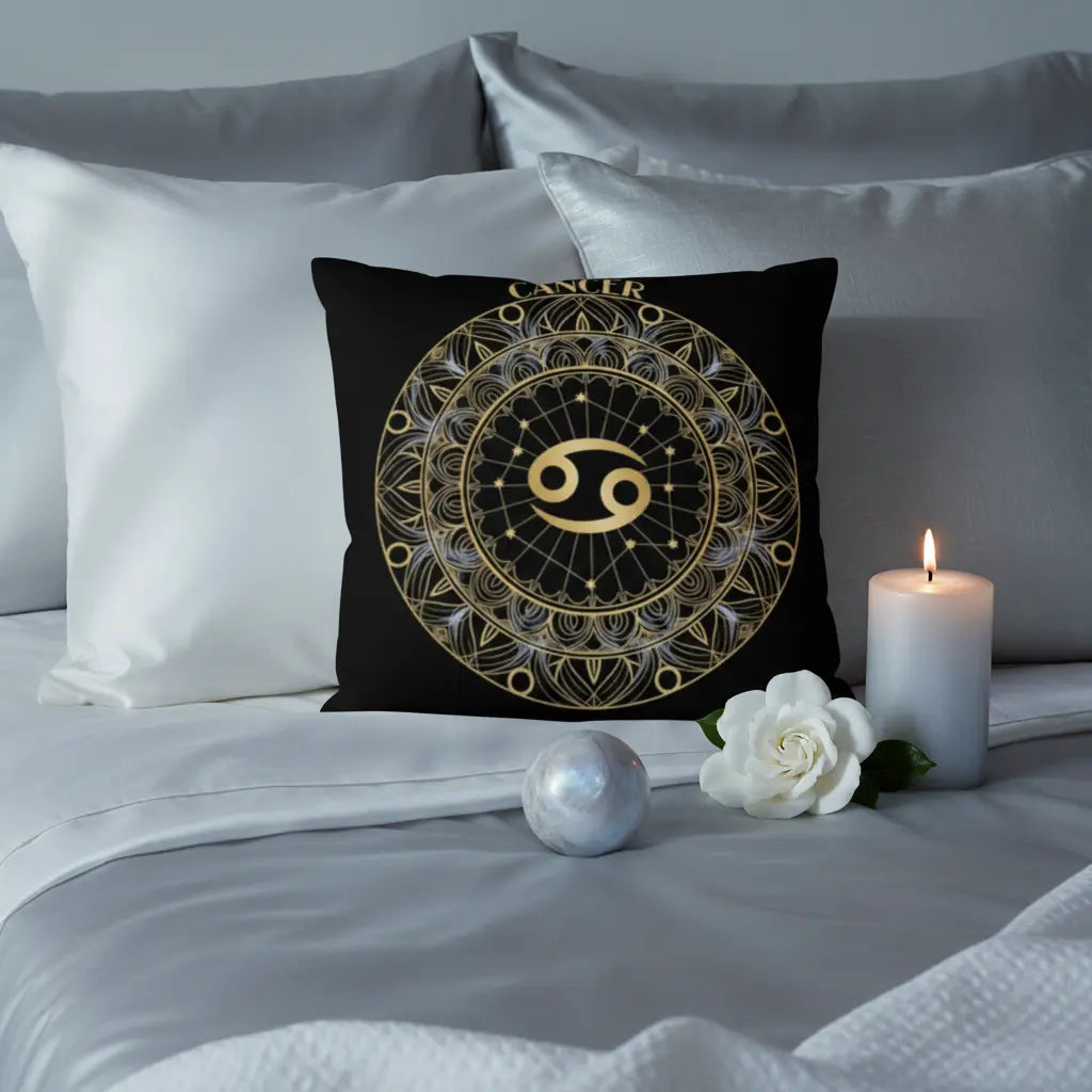 Cancer Art Deco Silver Gold Mandala Zodiac Pillow Dreamy Lunar Lifestyle Scene