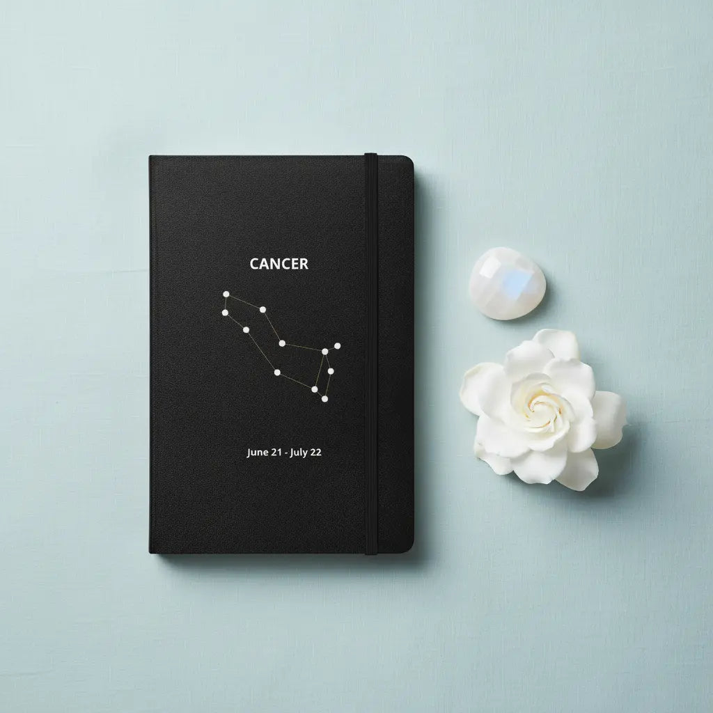 Cancer Constellation Slim Black Notebook Flat Lay Cool Silver Lifestyle Scene