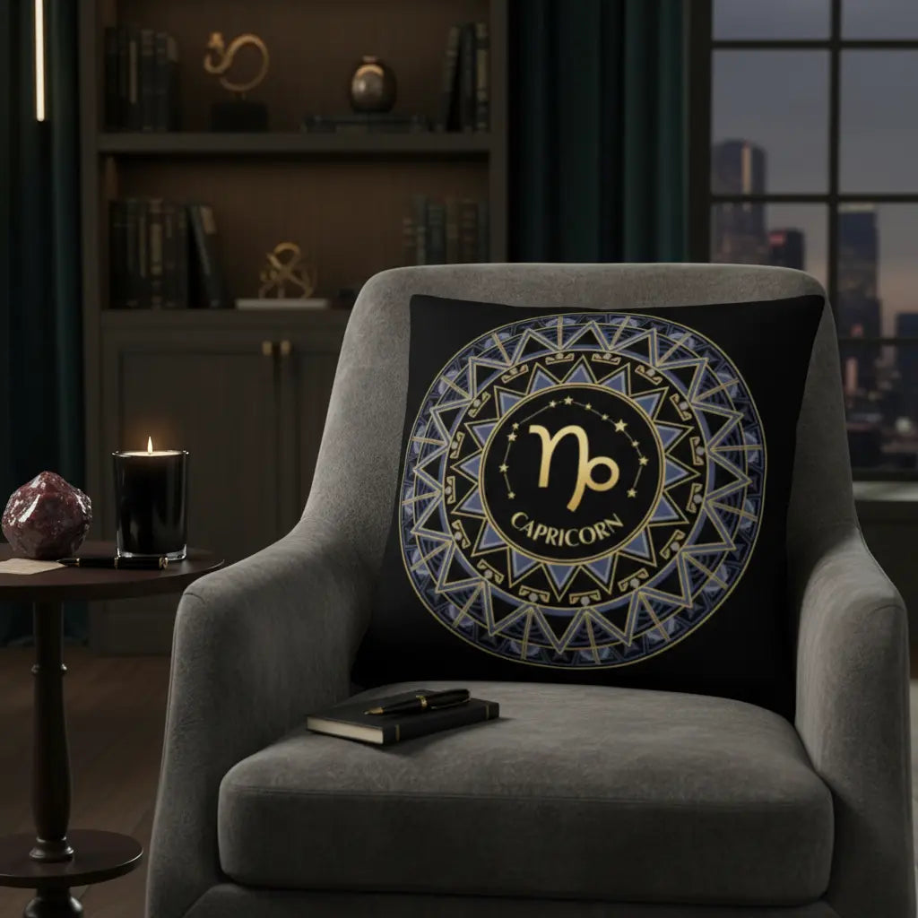 Capricorn Art Deco Blue Grey Mandala Zodiac Pillow Sophisticated Executive Lifestyle Scene
