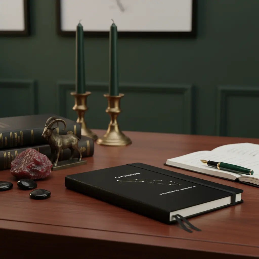 Capricorn Constellation Black Leather Hardcover Notebook Executive Achievement Lifestyle Scene