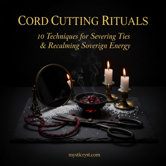 Cord Cutting Rituals — forged iron shears, severed cord, smoldering dragon's blood resin, and obsidian mirror on dark slate altar