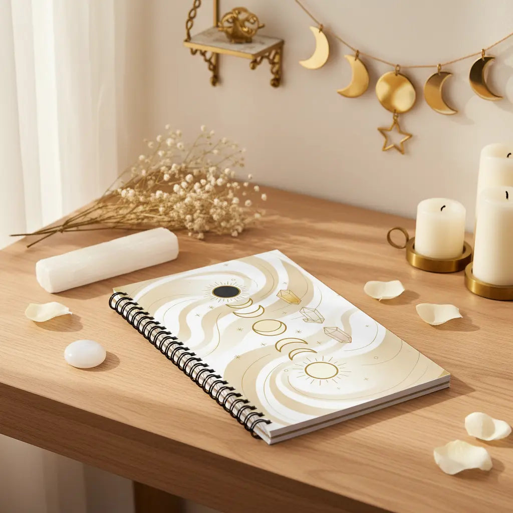 Cream Gold Moon Phases Solar Eclipse Crystal Points Notebook Celestial Lifestyle Scene