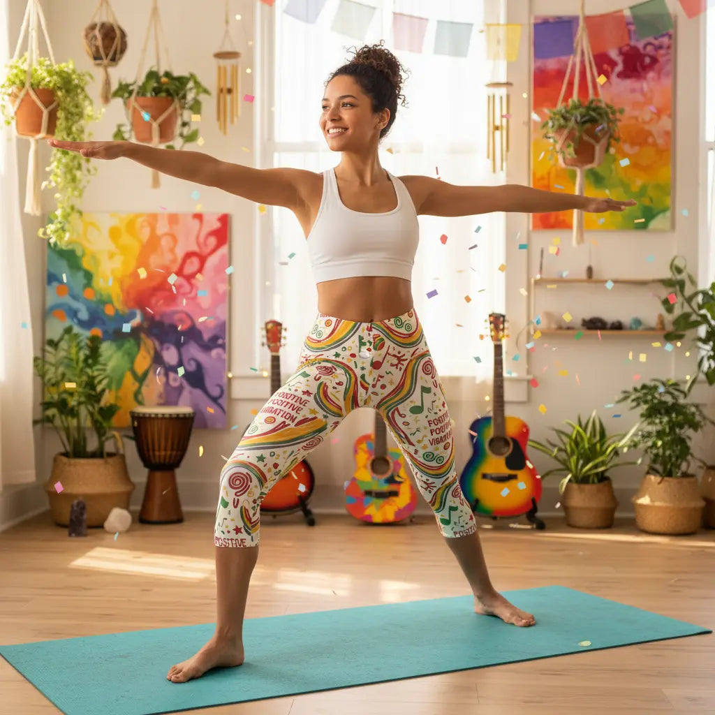 Cream Rainbow Positive Vibration Capri Leggings Front View Lifestyle Scene