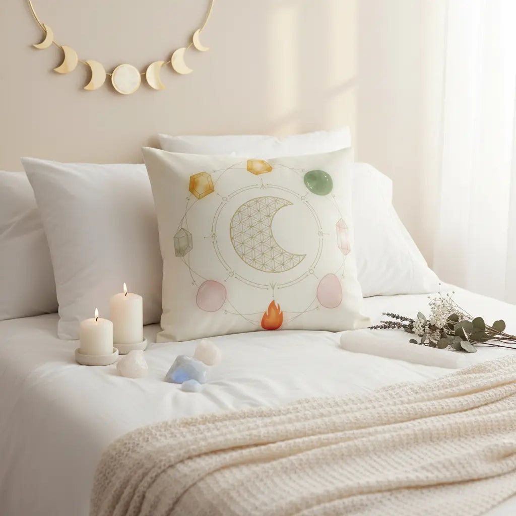 Cream White Flower of Life Crescent Moon Seven Crystals Flame Pillow Lifestyle Scene