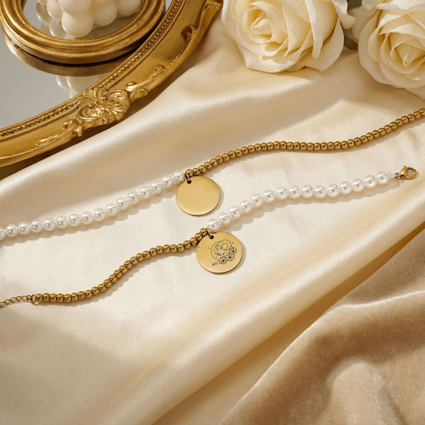 Aries Premium Pearl & Gold Coin Bracelet: Mother of Pearl