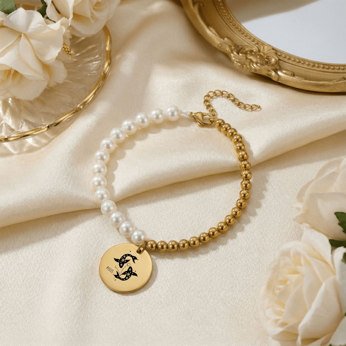 Pisces Premium Pearl & Gold Coin Bracelet: Mother of Pearl