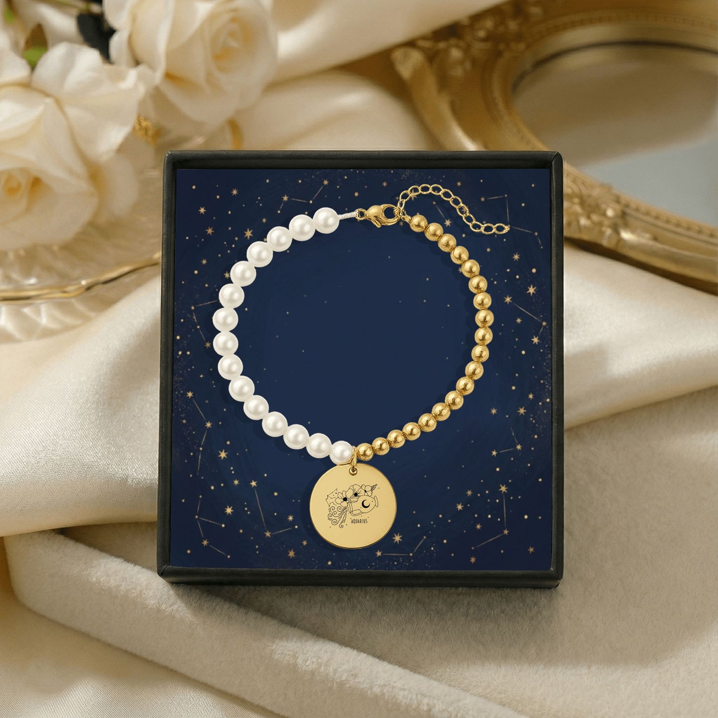 Aquarius Premium Pearl & Gold Coin Bracelet: Mother of Pearl