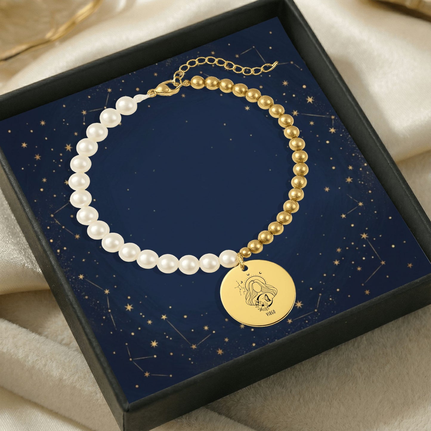 Virgo Premium Pearl & Gold Coin Bracelet: Mother of Pearl