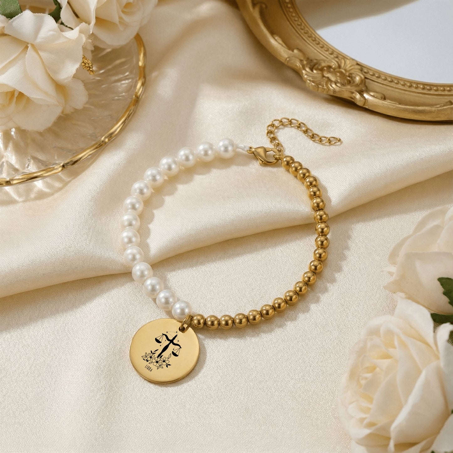 Libra Premium Pearl & Gold Coin Bracelet: Mother of Pearl