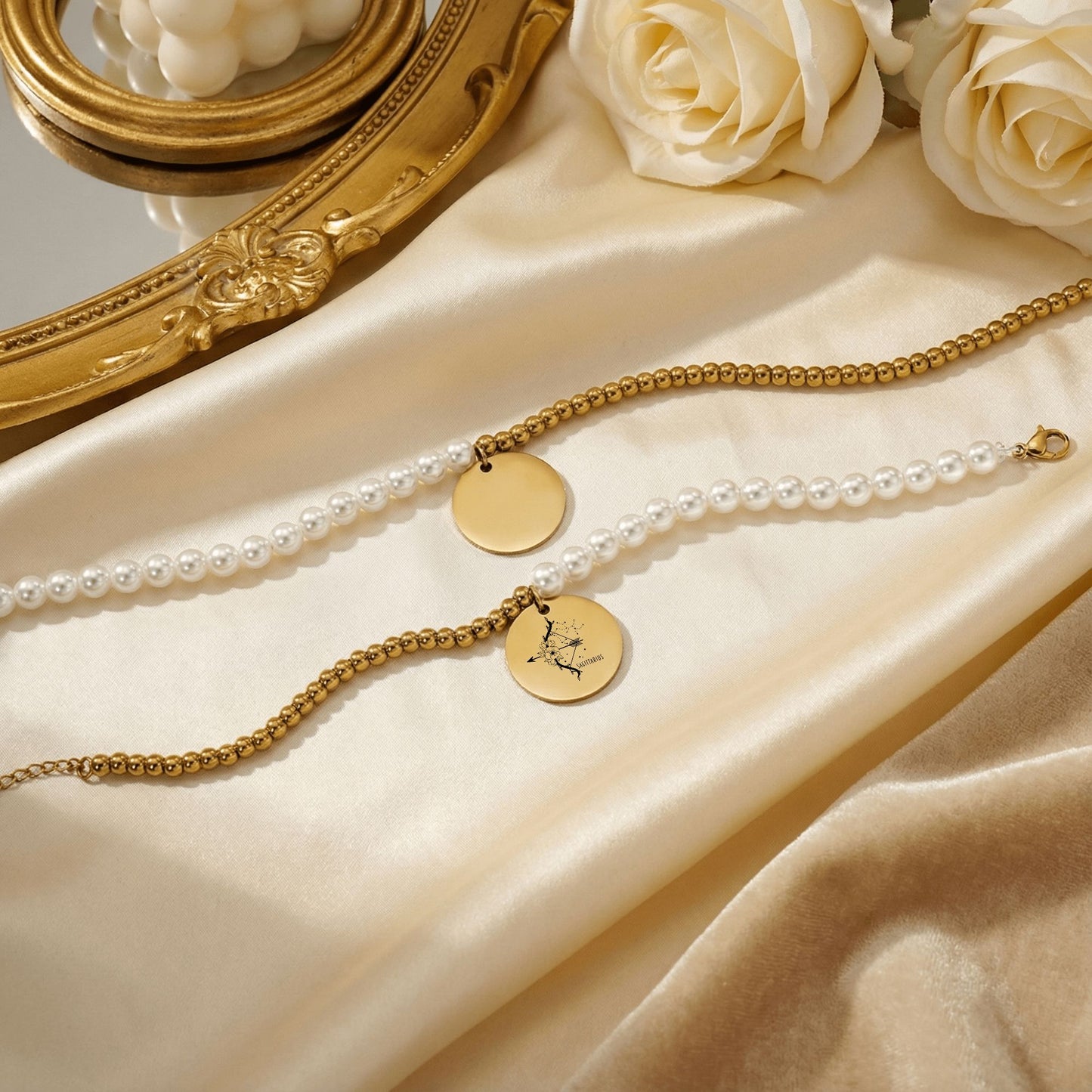 Sagittarius Premium Pearl & Gold Coin Bracelet: Mother of Pearl