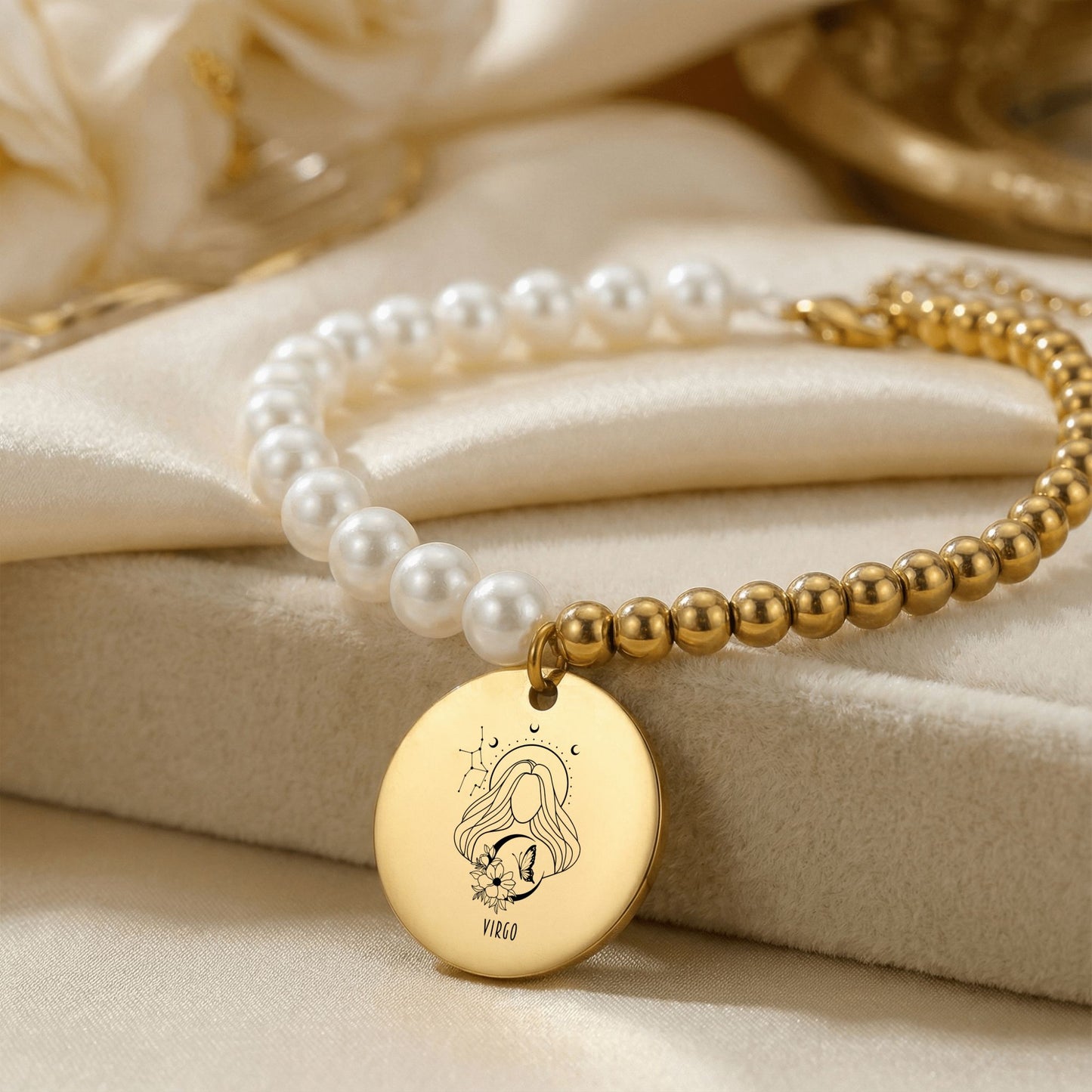 Virgo Premium Pearl & Gold Coin Bracelet: Mother of Pearl