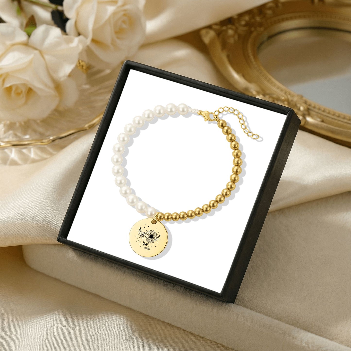 Taurus Premium Pearl & Gold Coin Bracelet: Mother of Pearl