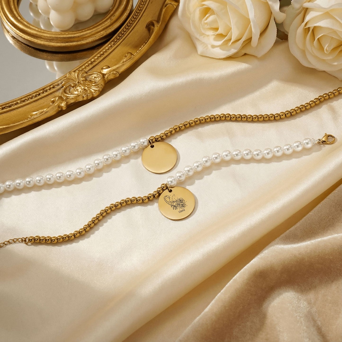 Scorpio Premium Pearl & Gold Coin Bracelet: Mother of Pearl