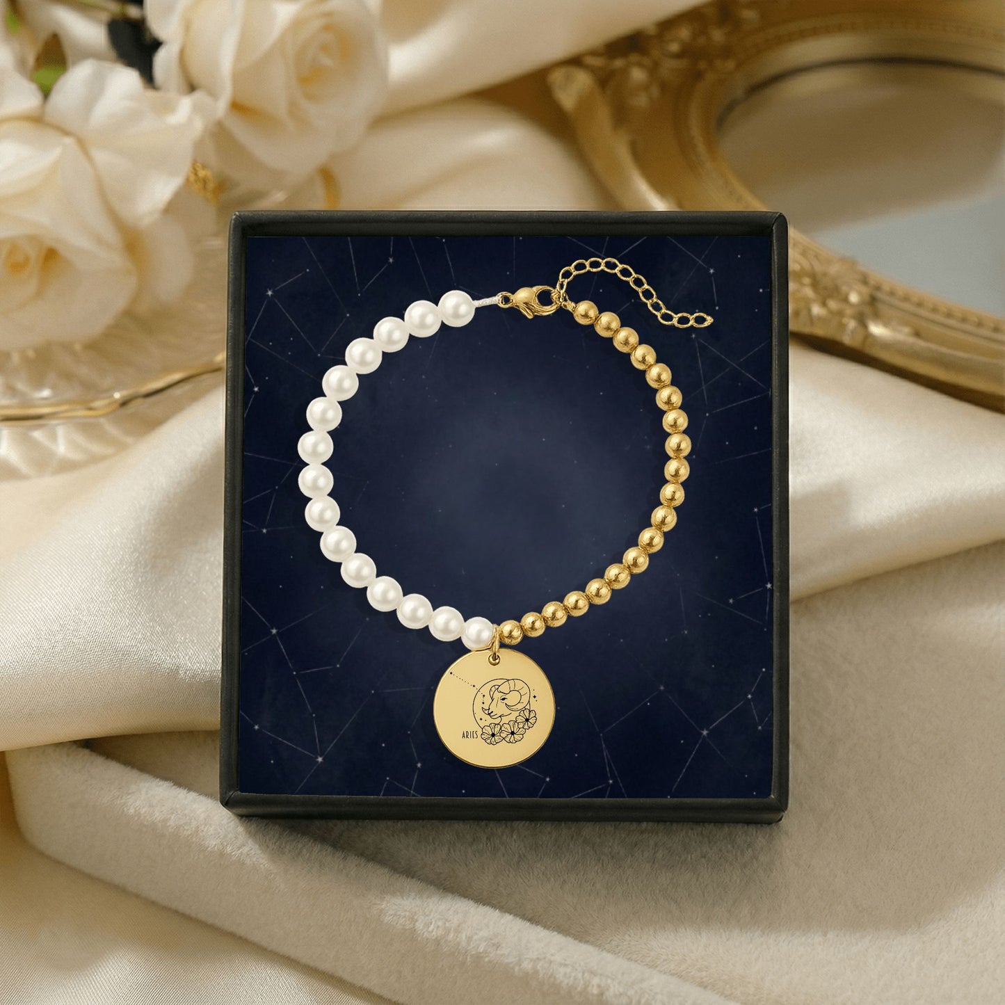 Aries Premium Pearl & Gold Coin Bracelet: Mother of Pearl