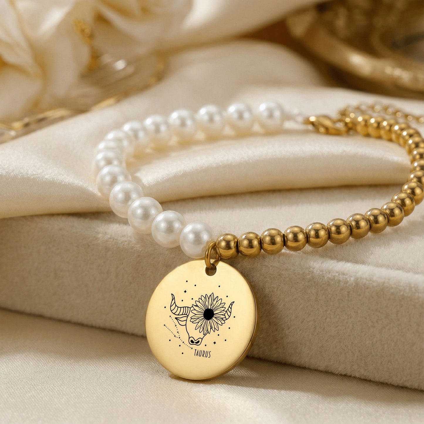 Taurus Premium Pearl & Gold Coin Bracelet: Mother of Pearl