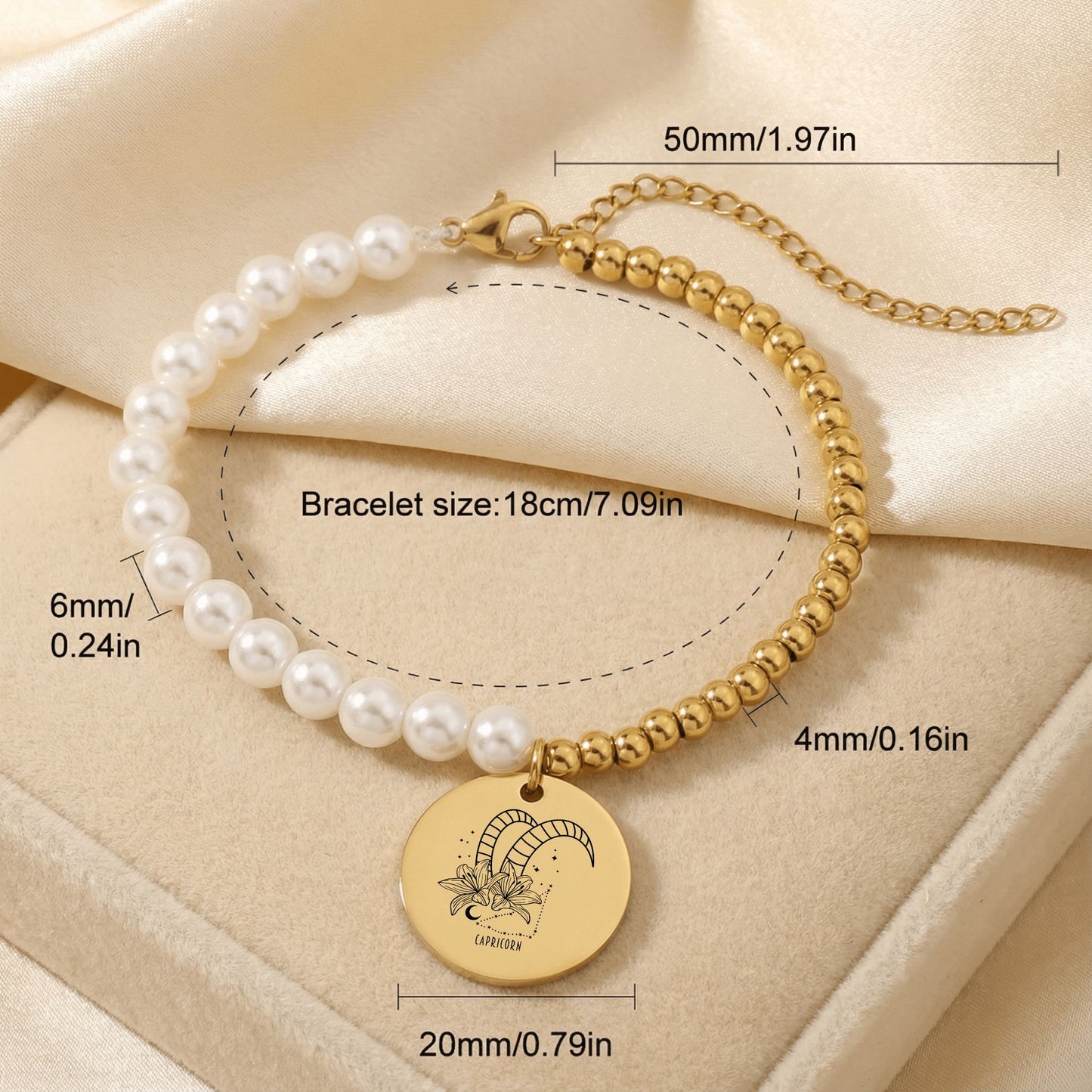 Capricorn Premium Pearl & Gold Coin Bracelet: Mother of Pearl