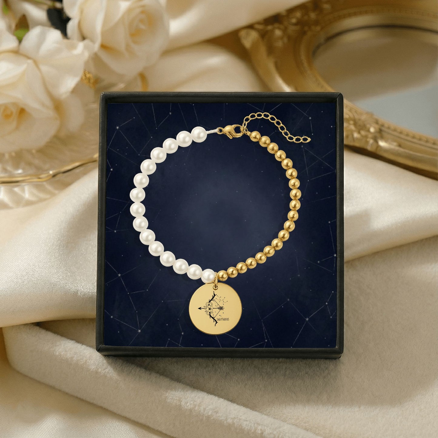 Sagittarius Premium Pearl & Gold Coin Bracelet: Mother of Pearl