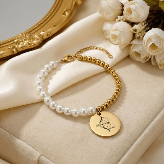 Sagittarius Premium Pearl & Gold Coin Bracelet: Mother of Pearl