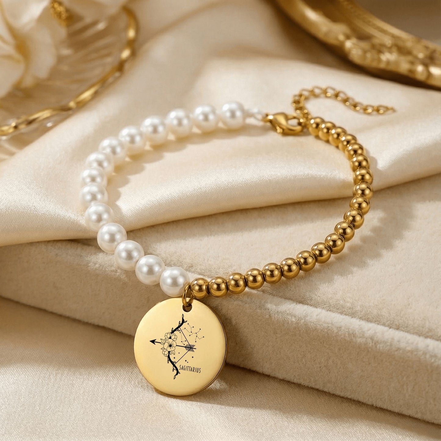 Sagittarius Premium Pearl & Gold Coin Bracelet: Mother of Pearl