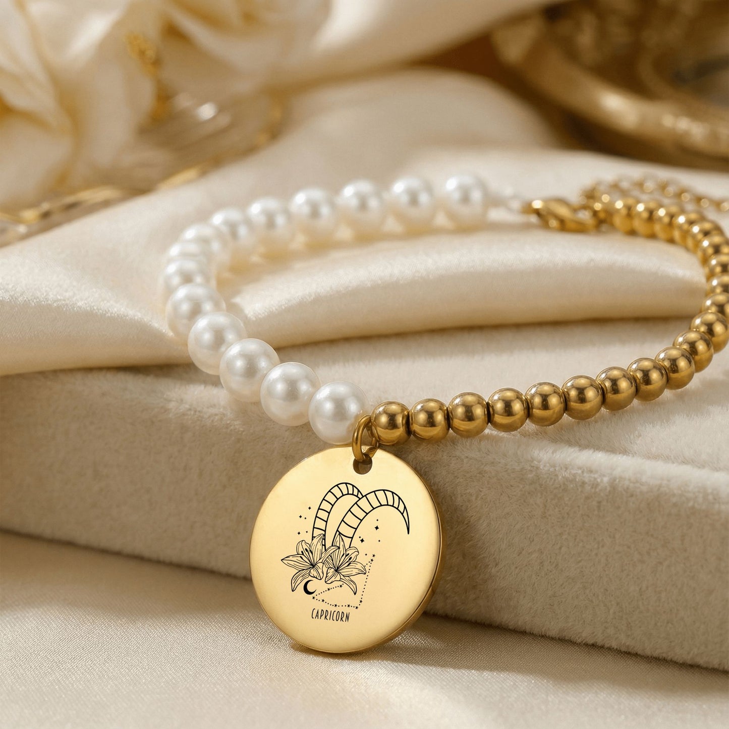 Capricorn Premium Pearl & Gold Coin Bracelet: Mother of Pearl