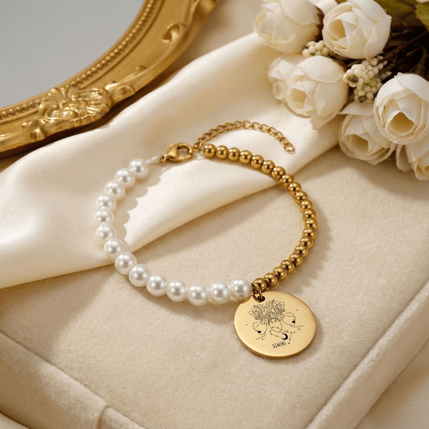 Gemini Premium Pearl & Gold Coin Bracelet: Mother of Pearl