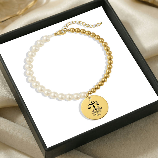 Libra Premium Pearl & Gold Coin Bracelet: Mother of Pearl