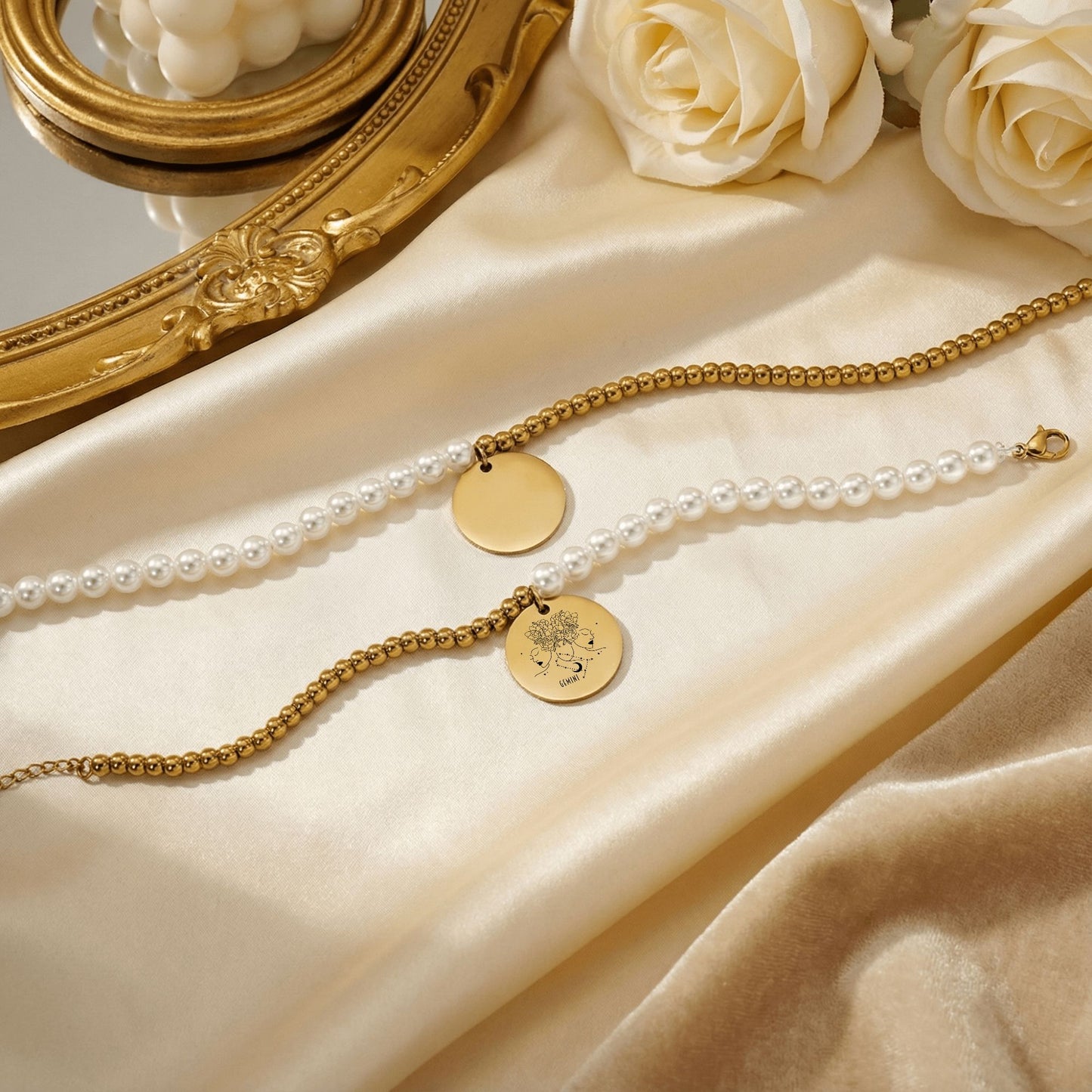 Gemini Premium Pearl & Gold Coin Bracelet: Mother of Pearl