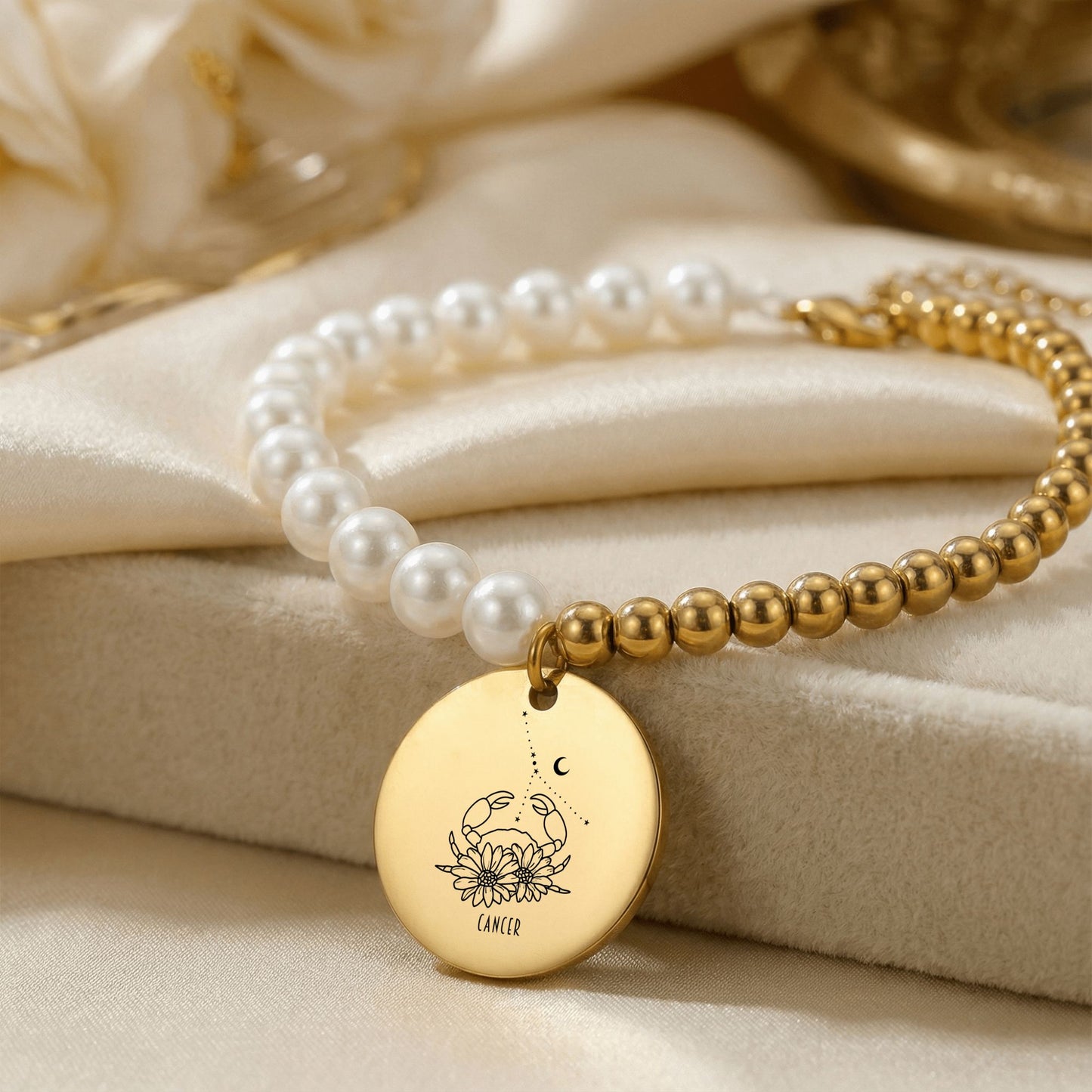 Cancer Premium Pearl & Gold Coin Bracelet: Mother of Pearl