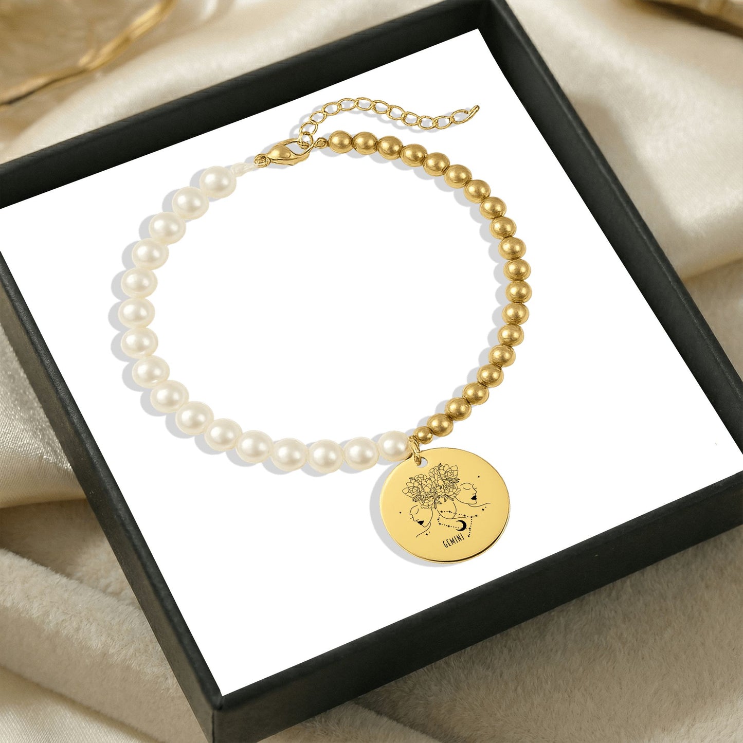 Gemini Premium Pearl & Gold Coin Bracelet: Mother of Pearl