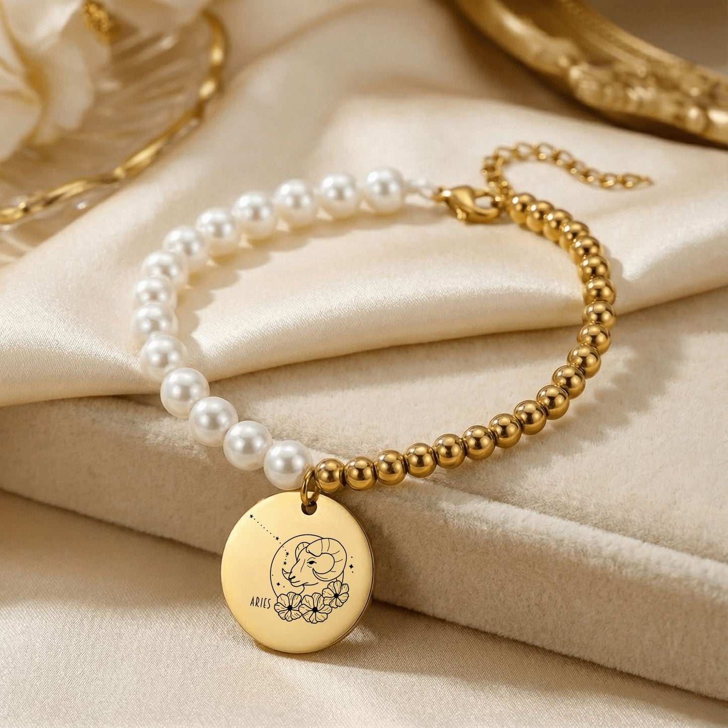 Aries Premium Pearl & Gold Coin Bracelet: Mother of Pearl