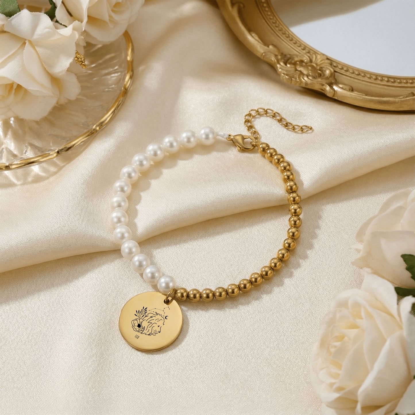 Leo Premium Pearl & Gold Coin Bracelet: Mother of Pearl