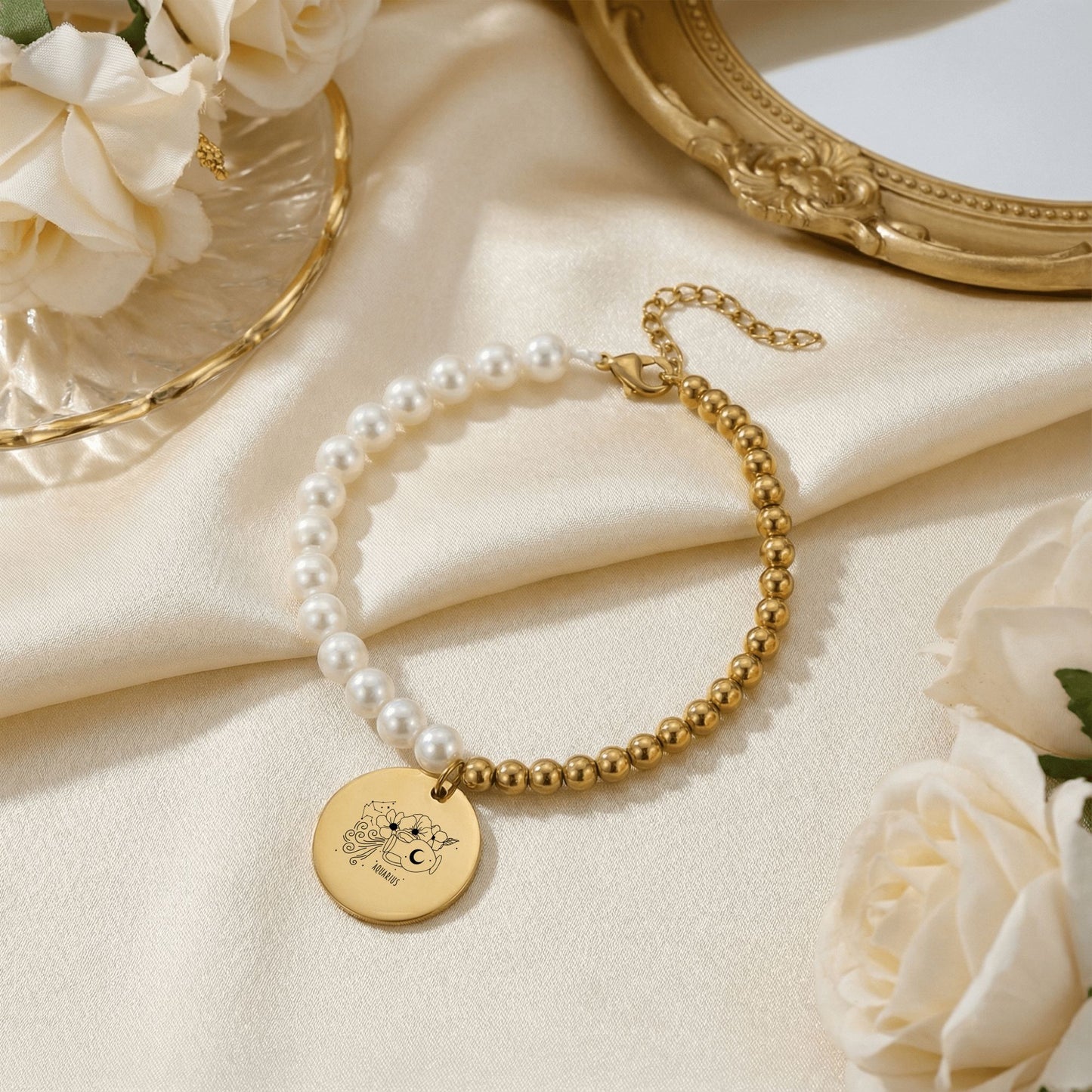 Aquarius Premium Pearl & Gold Coin Bracelet: Mother of Pearl