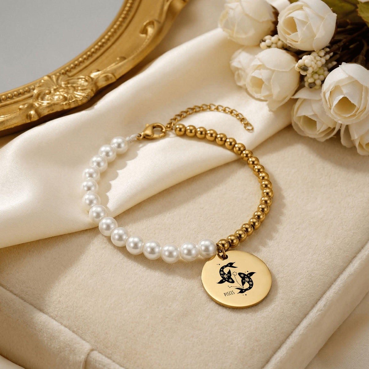 Pisces Premium Pearl & Gold Coin Bracelet: Mother of Pearl