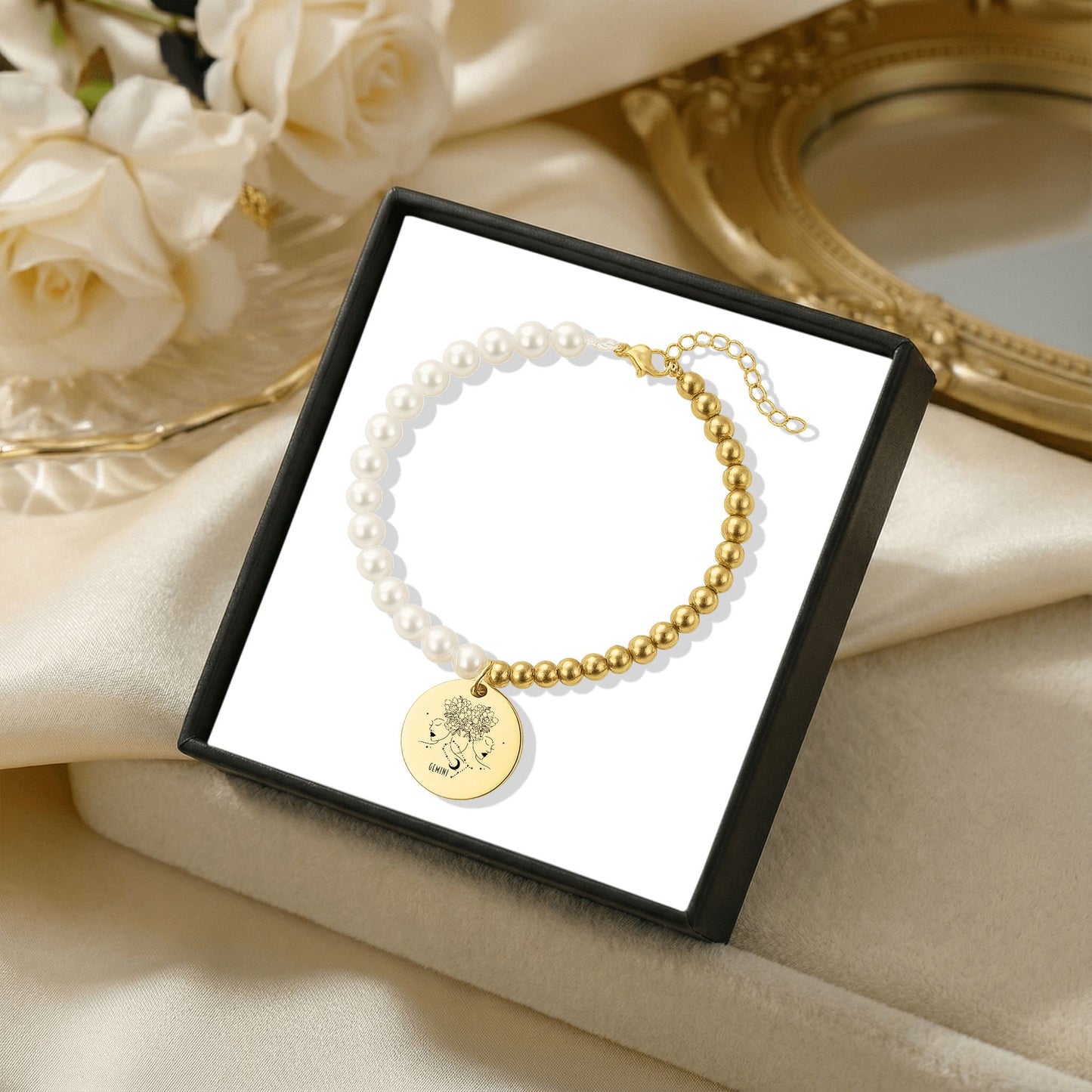 Gemini Premium Pearl & Gold Coin Bracelet: Mother of Pearl