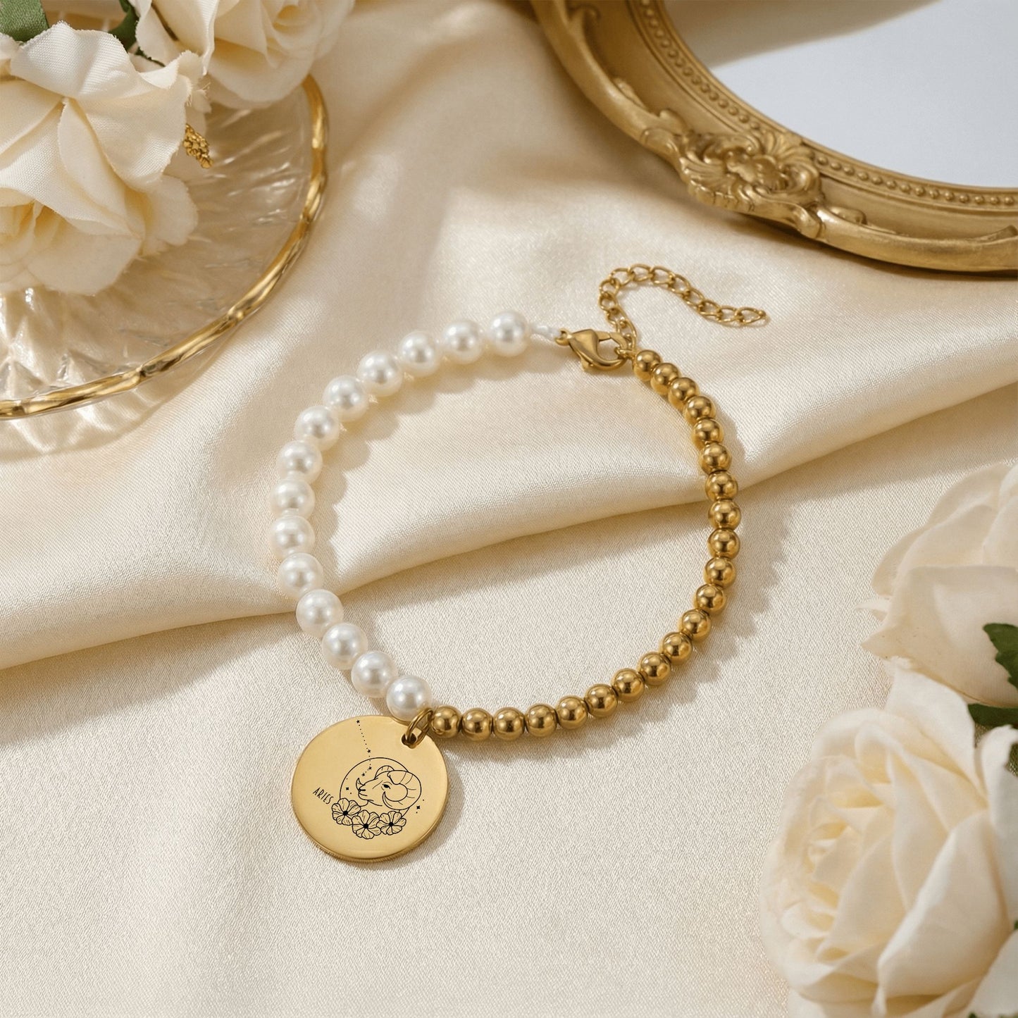 Aries Premium Pearl & Gold Coin Bracelet: Mother of Pearl