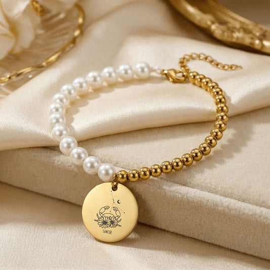 Cancer Premium Pearl & Gold Coin Bracelet: Mother of Pearl