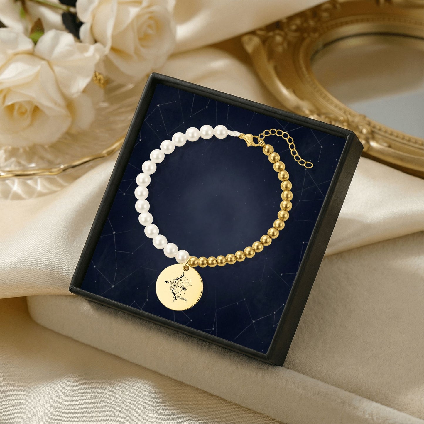 Sagittarius Premium Pearl & Gold Coin Bracelet: Mother of Pearl