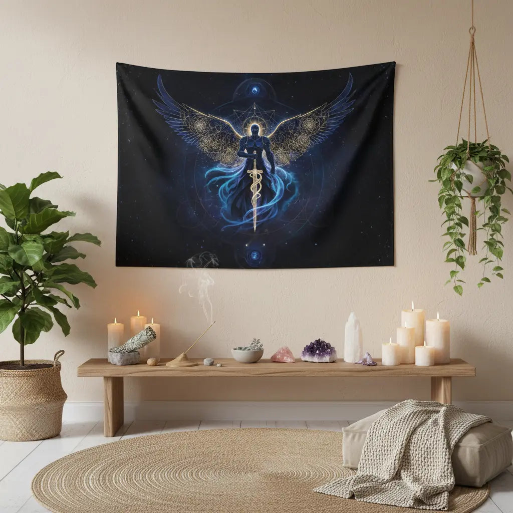 Dark Blue Gold Angel Meditation Caduceus Tapestry Square Lifestyle Scene