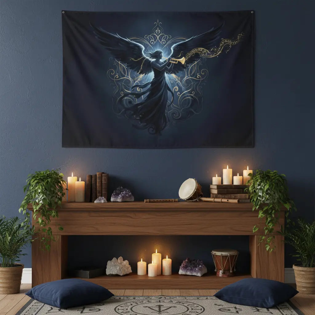 Dark Blue Silver Angel Trumpet Tapestry Square Lifestyle Scene