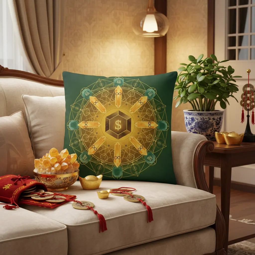 Deep Green Citrine Fu Character Wealth Mandala Pillow East-West Lifestyle Scene