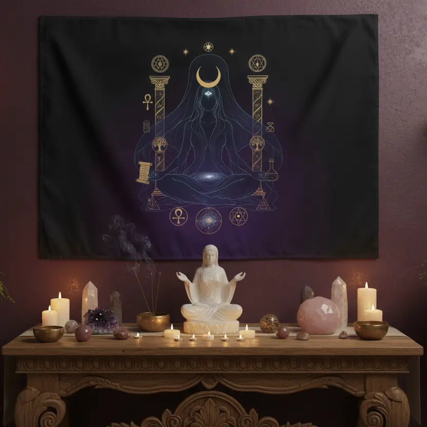 Deep Purple Gold Divine Feminine Meditation Tapestry Horizontal Lifestyle Scene