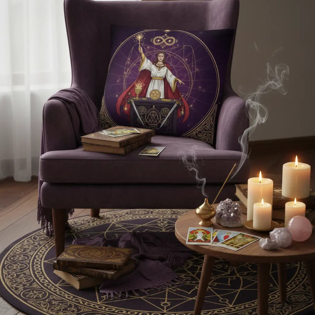 Deep Purple Gold Tarot Magician Pillow Lifestyle Scene