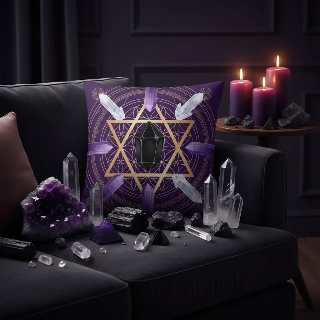 Deep Purple Star of David Black Tourmaline Amethyst Quartz Protection Pillow Lifestyle Scene