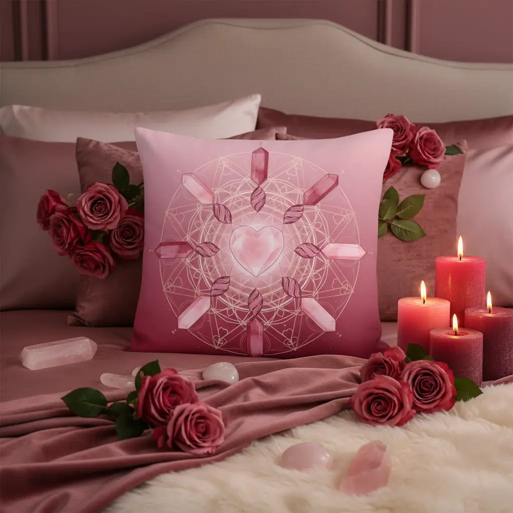 Deep Rose Pink Crystal Grid Heart Pillow Romantic Lifestyle Scene